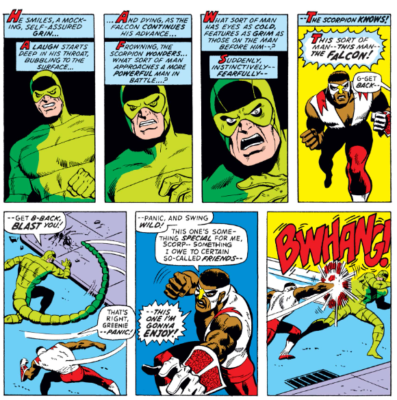 MarvelADay's tweet photo. #MarvelADay #Cap151 The Falcon gets inside the Scorpion's head. Unfortunately, Captain America intervenes to stop the fight. - JRW https://t.co/E0cS2hxA0r