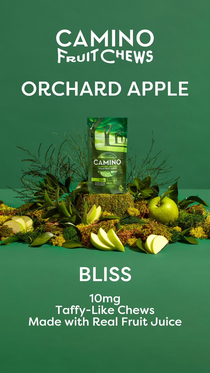 Welcome to your happy place. Enjoy a blissful hybrid-like experience with our NEW Orchard Apple "Bliss" Camino Fruit Chews. This vegan treat is made with real fruit and pectin, which means its more resistant to melting and great for on-the-go. So what are you waiting for? Chews
