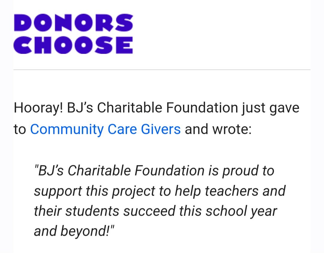 Thanks to <a href="/DonorsChoose/">DonorsChoose</a> and <a href="/BJsWholesale/">BJ's Wholesale</a> my project only needs $29.70 more to fully fund! 
donorschoose.org/project/commun…