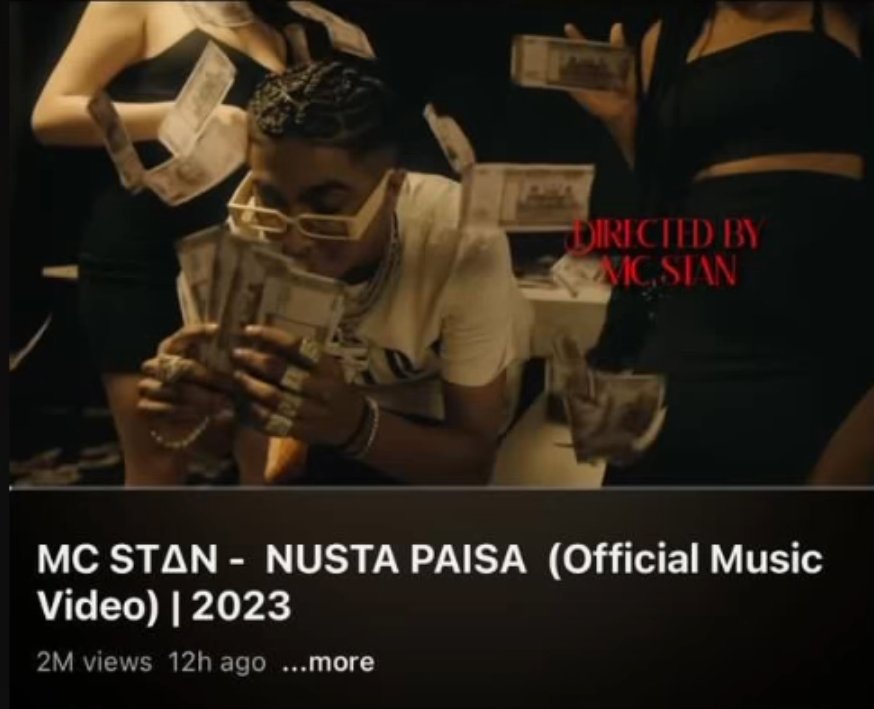 ItsTeamMCStan's tweet photo. MC Stan's #NustaPaisa MV has Smashed through 2M views in just 12 Hours ⏱️ and is already rocking the Trending charts at #3 on YouTube 📈

#MCStan || @MCStanOfficial https://t.co/m7HBX63tED