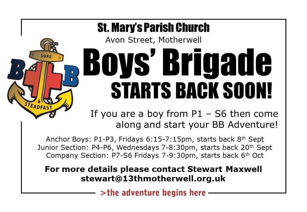 13th Motherwell Boys' Brigade Company would be delighted to welcome new members for the start of the 2023-24 session. Simply turn up or contact BB Captain Stewart Maxwell - stewart@13thmotherwell.org.uk for further details.