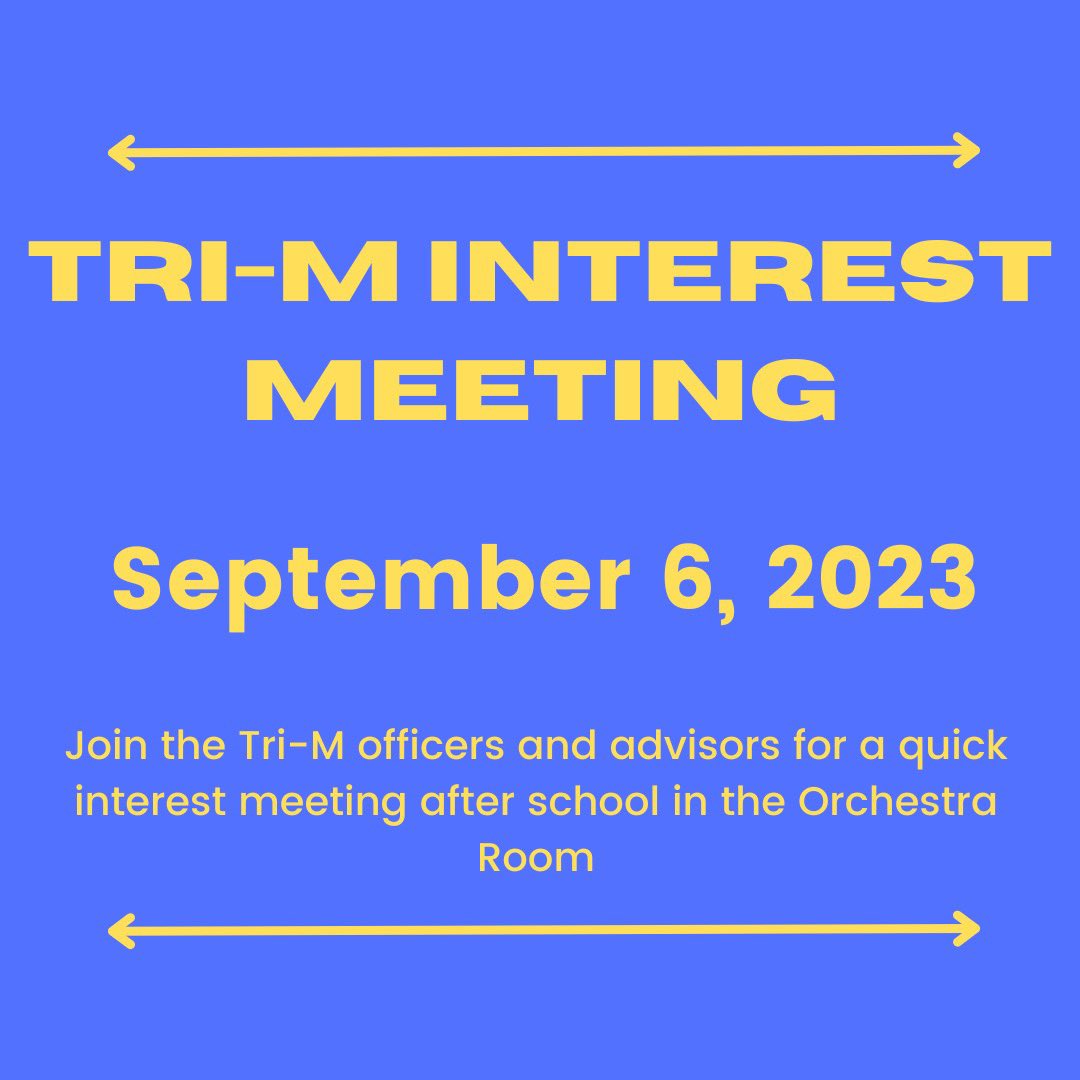 Tri-M is hosting an interest meeting on Wednesday, September 6! We will go into more detail regarding the function of the Society and requirements for application. *Existing General Members do NOT have to be in attendance* We hope to see all interested music students there!!
