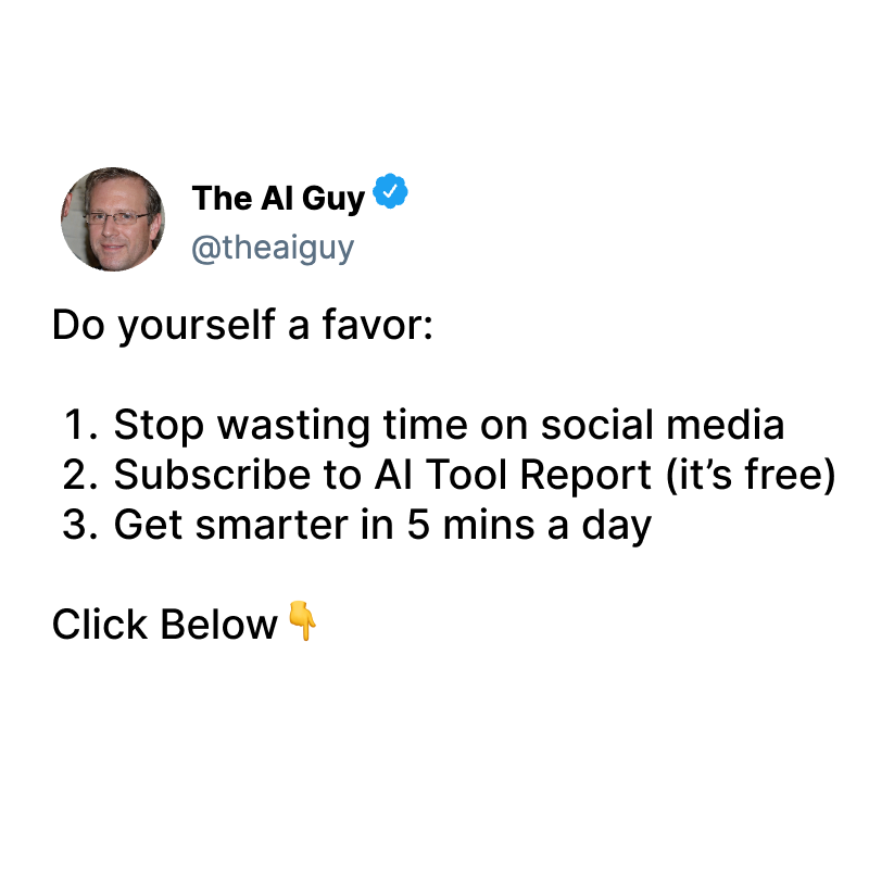 AIToolReport's tweet photo. "My boss thinks I'm an AI genius, (I'm not) it's because I read The AI Tool Report (and they have no idea it exists.)" - AI Tool Report Reader