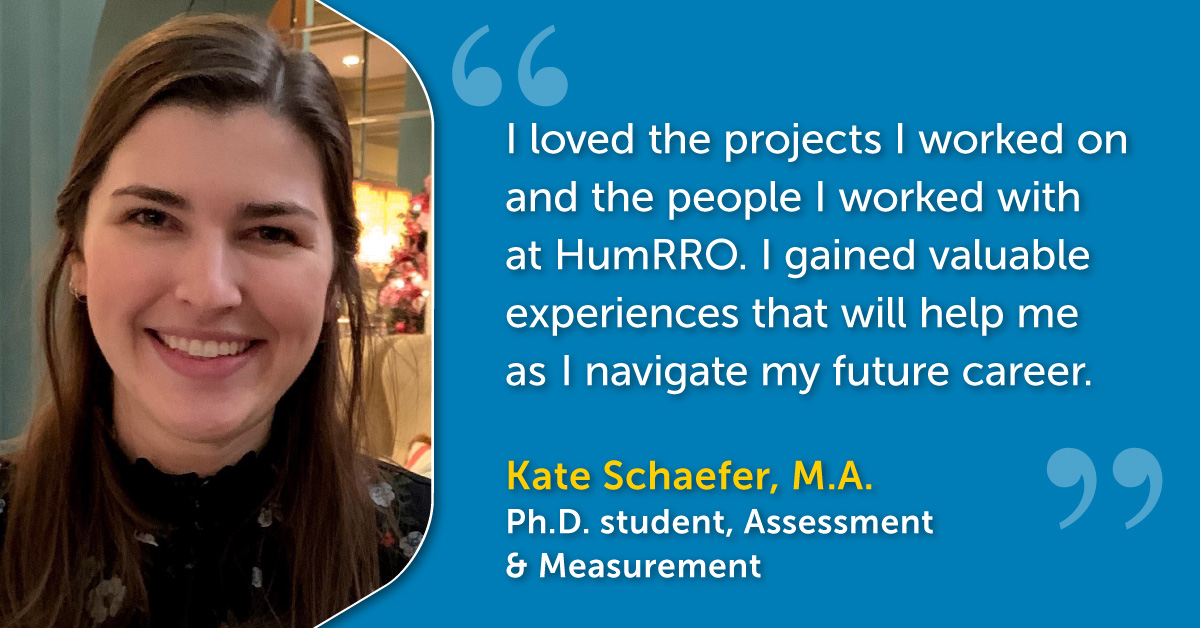 HumRROorg's tweet image. Kate Schaefer, a Ph.D. student at @jmuchbs, interned this summer in our Louisville office, where she gained practical experience in #EducationalAssessment, #Rcoding, and much more!
If you'd like an #internship at HumRRO, apply by January 15, 2024: tinyurl.com/3sac5886
