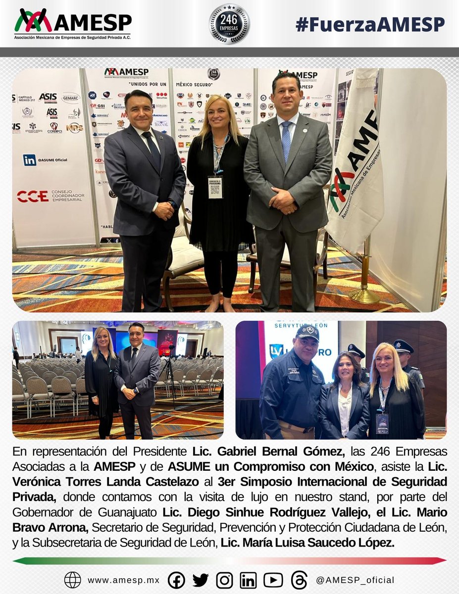 AMESP_oficial's tweet photo. AMESP presente en el 3er Simposio Internacional de Seguridad Privada en León Guanajuato, evento en el que contamos con visita de lujo en nuestro stand.

Gracias por visitarnos Gobernador Lic. @diegosinhue Lic. @Mario_BravoA Lic. María Luisa Saucedo López.

#FuerzaAMESP https://t.co/qQmkLdKnbg
