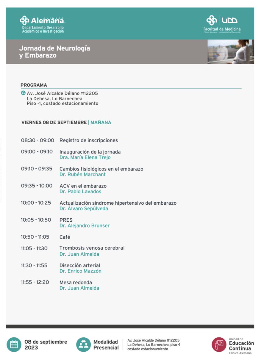 interneurona's tweet photo. Estimados

✨Desde @UDD_FM y @Clinicaalemana invitan a sus:

🤰🧠Jornadas de #Neurologia y #Embarazo

☝️Presentaciones en relación a cefalea, epilepsia, esclerosis múltiple, ACV, etc

🗓️8 de Septiembre 
Presencial

Inscripción: 
https://t.co/6KGGWSieg7 https://t.co/jbqJ4us6b8