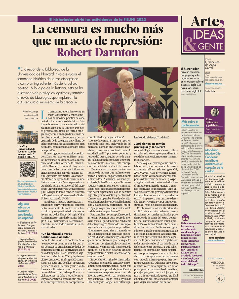 arena_tiempo's tweet photo. El historiador y director de la Biblioteca de Harvard, #RobertDarnton, abrió ayer la #FILUNI con la portentosa conferencia “Cómo ha operado la #censura”.
Históricamente la censura sobre los libros, ahondó, ha sido mucho más sutil y estructurada que simples actos de represión. https://t.co/cZHD8tG2bp