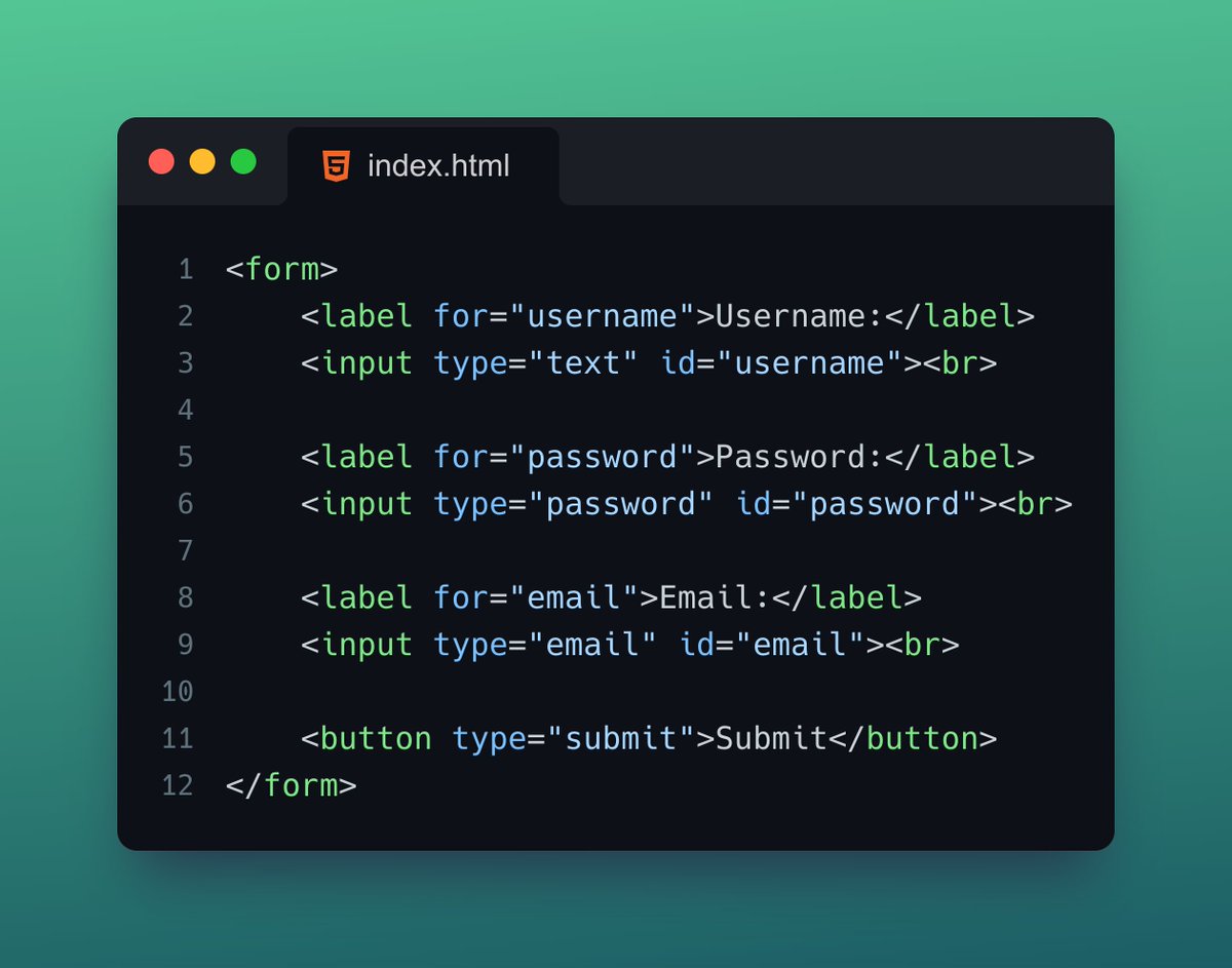 thcodes_'s tweet image. 📋Forms are crucial for user input! Create a simple login form. It&apos;s a good practice to use labels for your inputs. The &apos;for&apos; attribute in the label is used to associate it with the corresponding input element using its &apos;id&apos;. #Forms #UserInput 📲