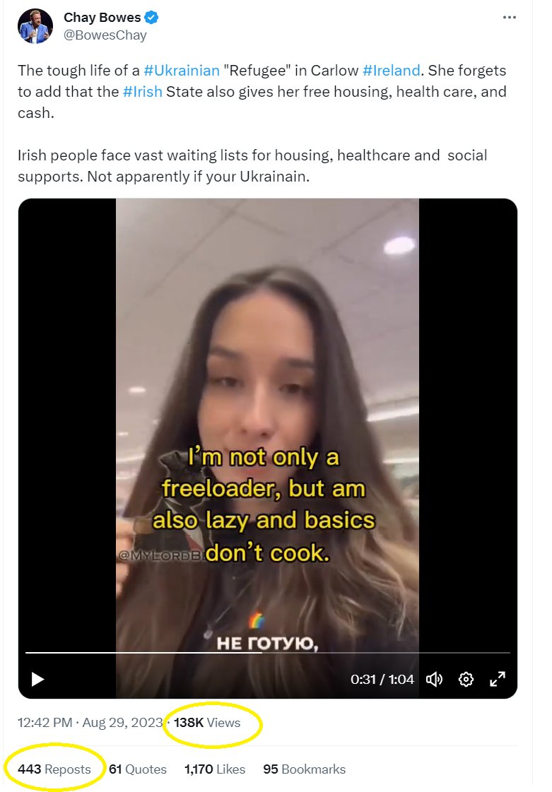 Chay Bowes engaged in a character assassination of a wonderful young Ukrainian woman, Katia, living in Carlow.

Portraying her as a fake refugee, lazy freeloader and ungrateful.

I spent my day talking to her and nothing could be further from the truth.

This is Katia's story. /1