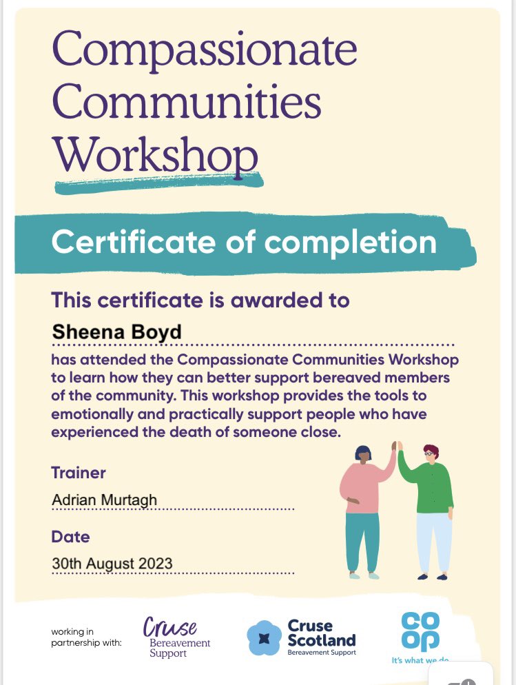 Huge thank you to Adrian and Melanie of Cruse Bereavement for their training course today to the team of staff and volunteers of North, South and East Ayrshire Alzheimer Scotland.#compasionatecommunities @alzscot @CruseSupport