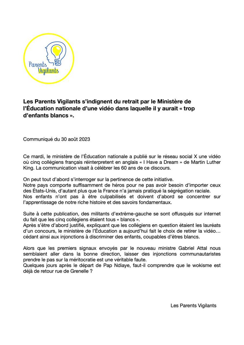 ParentsVigil's tweet photo. 🟡 Les Parents Vigilants s'indignent du retrait par le ministère de l’@education_gouv d'une vidéo dans laquelle il y aurait « trop d'enfants blancs ».

Lire notre communiqué de presse. ⤵️ https://t.co/yTKNz4swa7