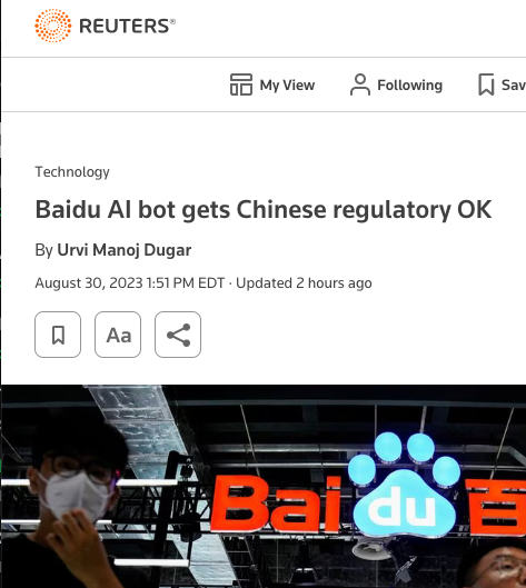 Baidu just got approval to release Ernie Bot to the general public - really looking forward to testing it out. If you were subscribed to @semafor's tech newsletter w/ @lmatsakis you woulda known this was likely coming. Just sayin...