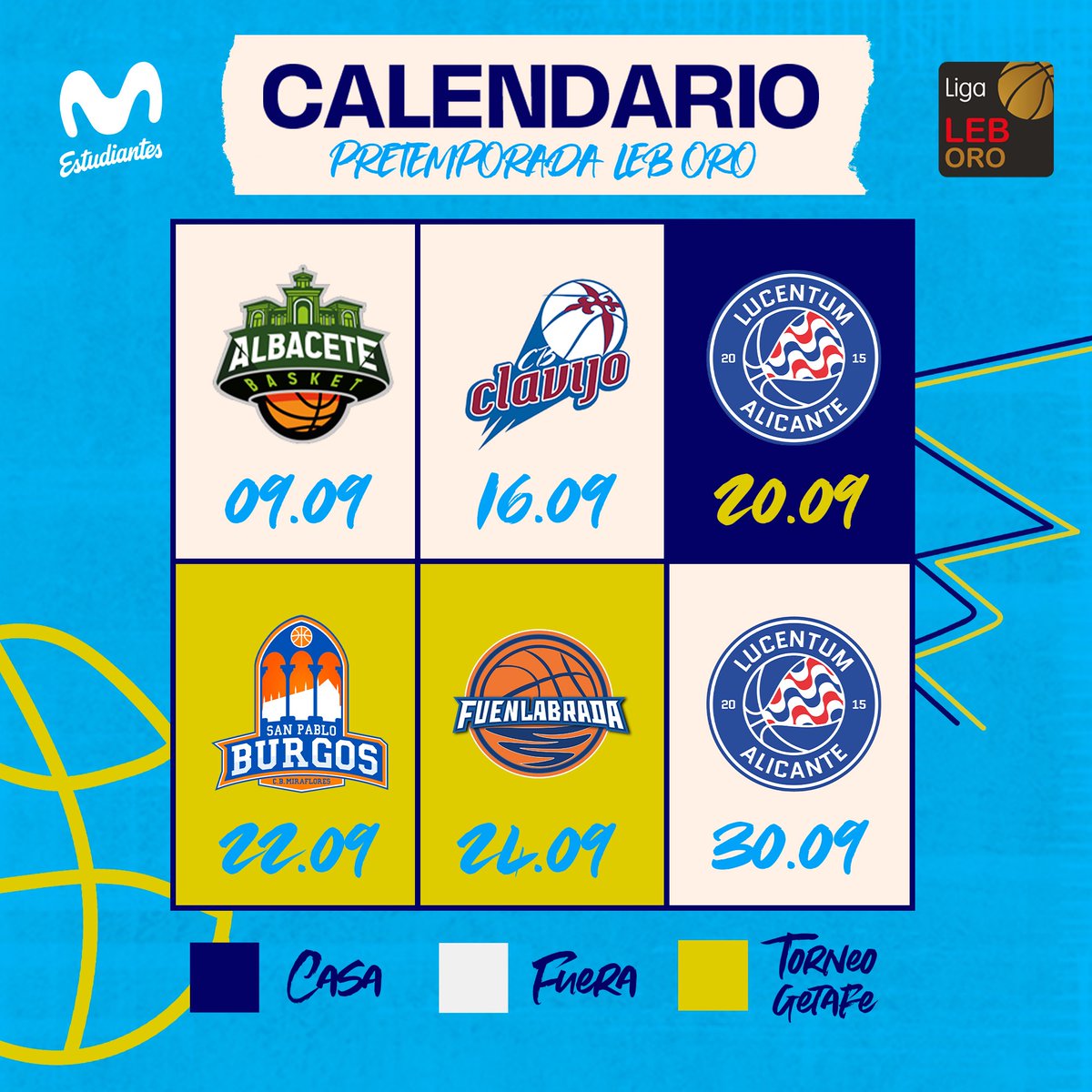 MovistarEstu's tweet photo. 🗓️ Confirmado el calendario de pretemporada del equipo LEB Oro

✈️ 09/09 @AlbaceteBasket 
✈️ 16/09 @CBCLAVIJO 
🏠 20/09 @FundLucentum 
Torneo Getafe: 22/09 @SanPabloBurgos 
Torneo Getafe: 24/09 @BFuenlabrada 
✈️ 30/09 @FundLucentum 

#movistarestudiantes #LEBOro https://t.co/Nz0ab9DNCZ