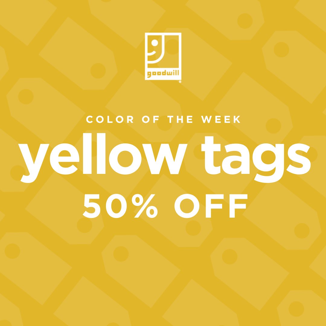 Is it time to pop into your local Goodwill? This week, ☀️yellow☀️ tags are 50% off! Don't forget, you can save an extra 10% every Wednesday with your Preferred Customer Card! #ColorOfTheWeek