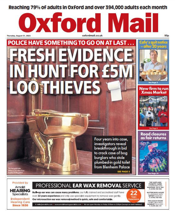 Thursday’s OXFORD Mail: “Fresh Evidence In Hunt For £5m Loo Thieves” #TomorrowsPapersToday