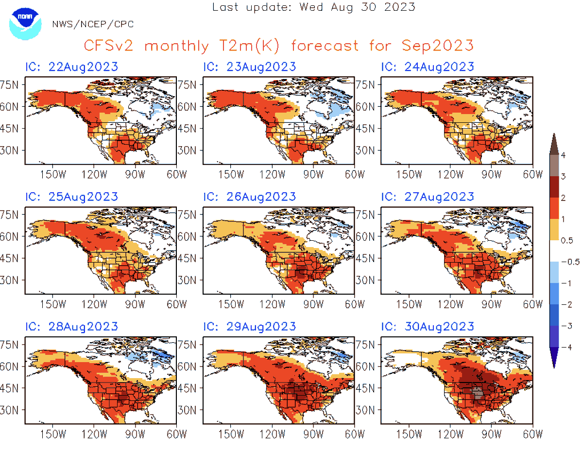 bam_weather's tweet photo. The CFS Monthly has done pretty well as of late and the hot/dry signal for September is *wild*. 

Certainly in line with our thoughts for the first 2/3rds of the month. Need to keep an eye late September for a transition to cooler/active into October. #AGwx #Energy https://t.co/T907WYGJNl