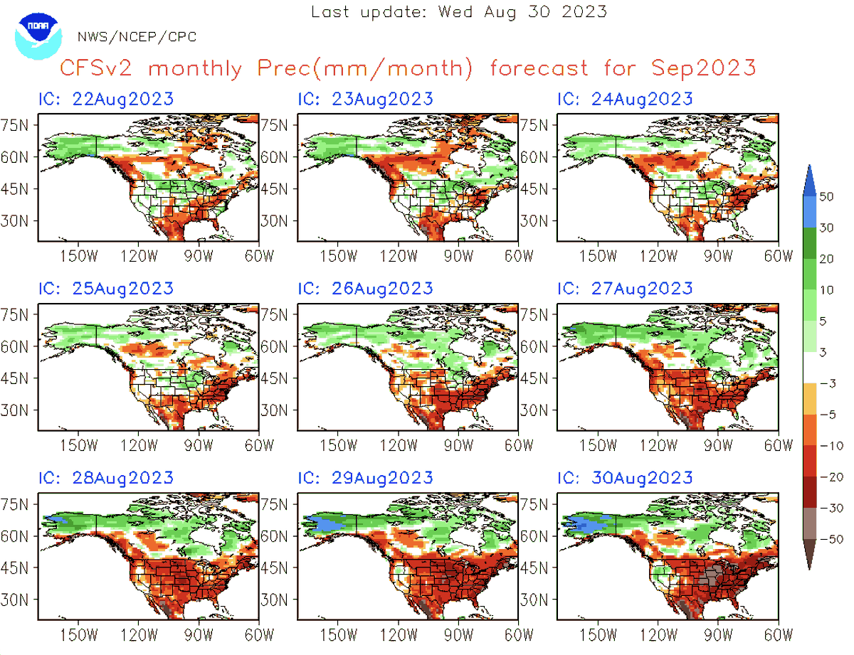 bam_weather's tweet photo. The CFS Monthly has done pretty well as of late and the hot/dry signal for September is *wild*. 

Certainly in line with our thoughts for the first 2/3rds of the month. Need to keep an eye late September for a transition to cooler/active into October. #AGwx #Energy https://t.co/T907WYGJNl
