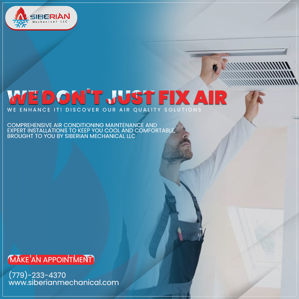 At #SiberianMechanical, we're not just about fixing air, we're about enhancing it! Discover our cutting-edge air quality solutions in #Indiana and breathe easier than ever. Elevate your #indoorenvironment. siberianmechanical.com

#AirQualitySolutions #BreatheEasy #ChicagoSuburbs