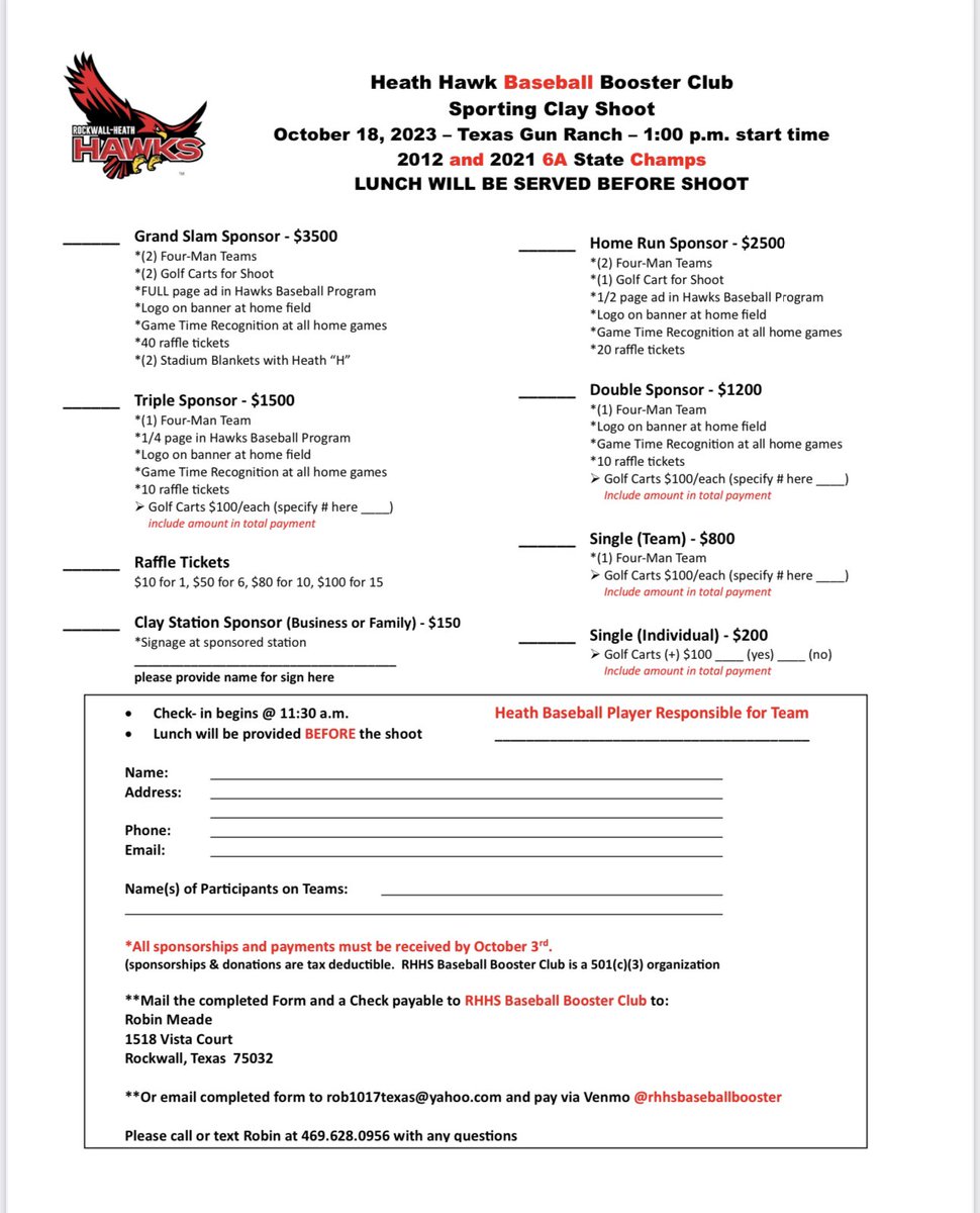 Hey Heath Hawk Baseball fans & supporters!! Registration for the Annual Heath Hawks Baseball Sporting Clay Shoot has begun! We can’t wait to see everyone there! GO HAWKS!! ❤️🦅🖤