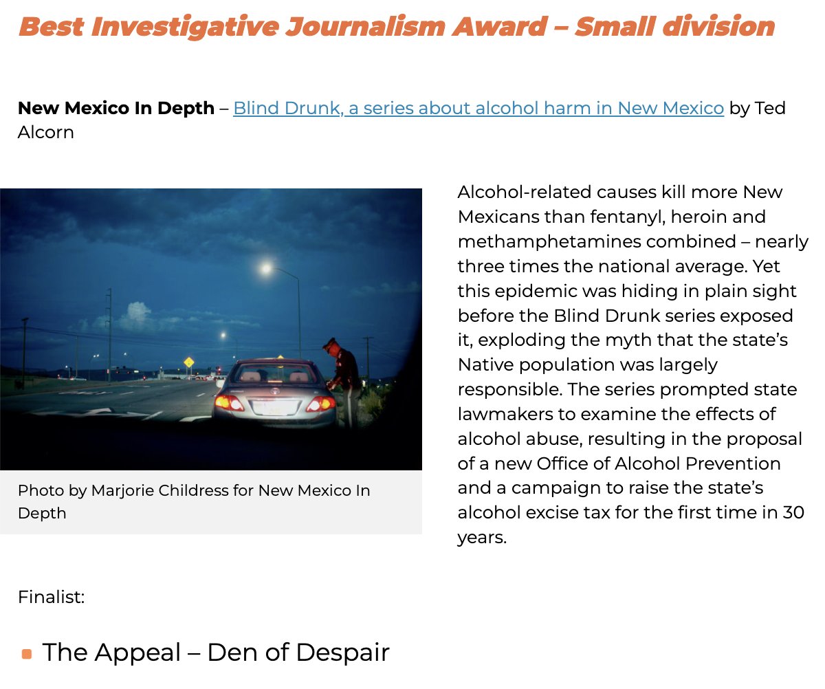 Belatedly learned my <a href="/NMInDepth/">New Mexico In Depth</a> series "Blind Drunk" won <a href="/INN/">Institute for Nonprofit News</a>'s 2023 award for best investigative journalism among small media outlets. Grateful for the recognition and humbled to be among so many other great awardees. 
inn.org/about/our-work…