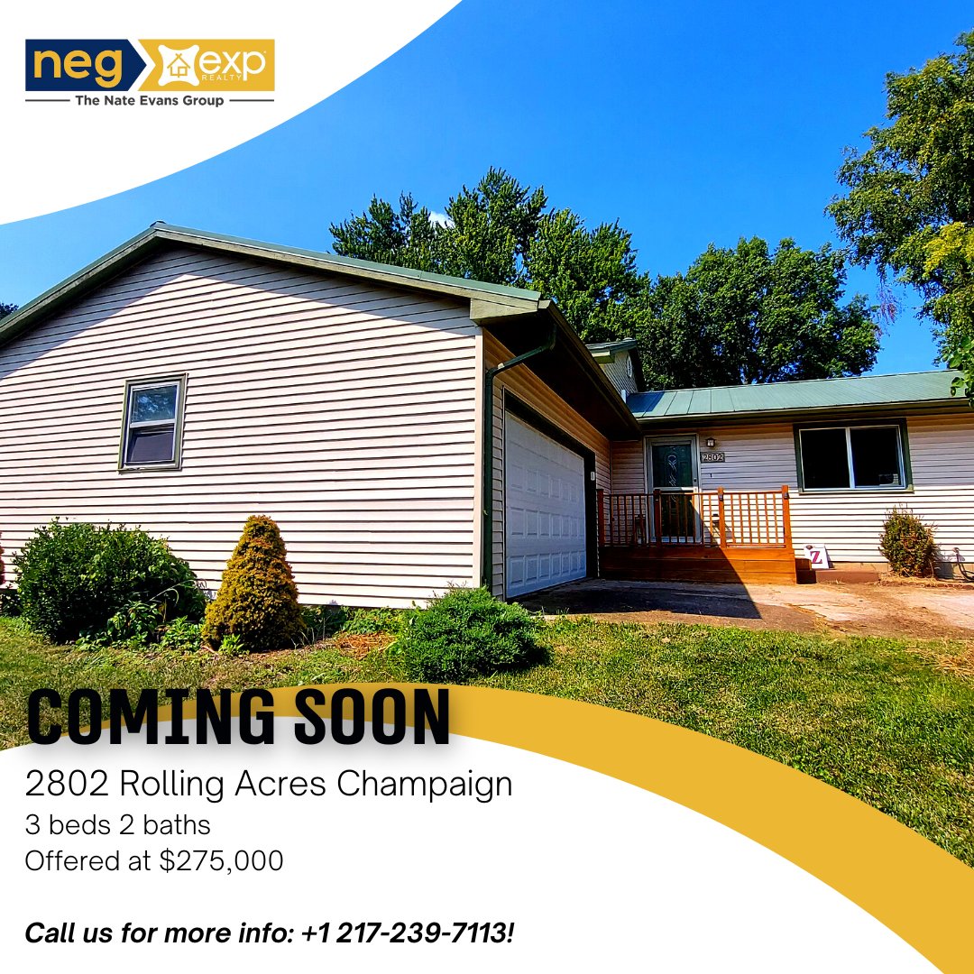 NateEvansGroup's tweet photo. ‼‼COMING SOON‼‼
2802 Rolling Acres Champaign
3 beds 2 baths
Offered at $275,000
Call our office TODAY to schedule your private showing! 217.239.7113 Nate Evans is a licensed REALTOR with The Nate Evans Group, EXP Realty
#teamneg #realestate #exprealty #comingsoon https://t.co/ixkRrLbbG9