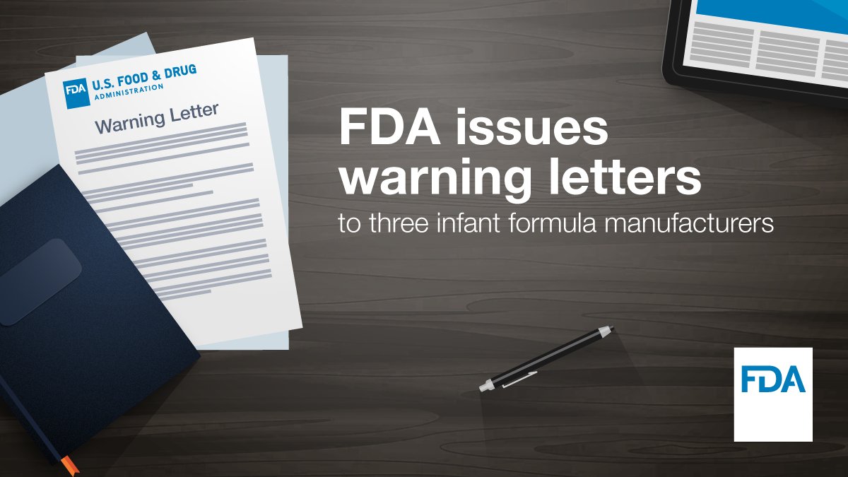 Today we issued warning letters to three infant formula manufacturers, as part of the agency’s ongoing commitment to enhance regulatory oversight to help ensure that the industry is producing infant formula under the safest conditions possible. fda.gov/news-events/pr…