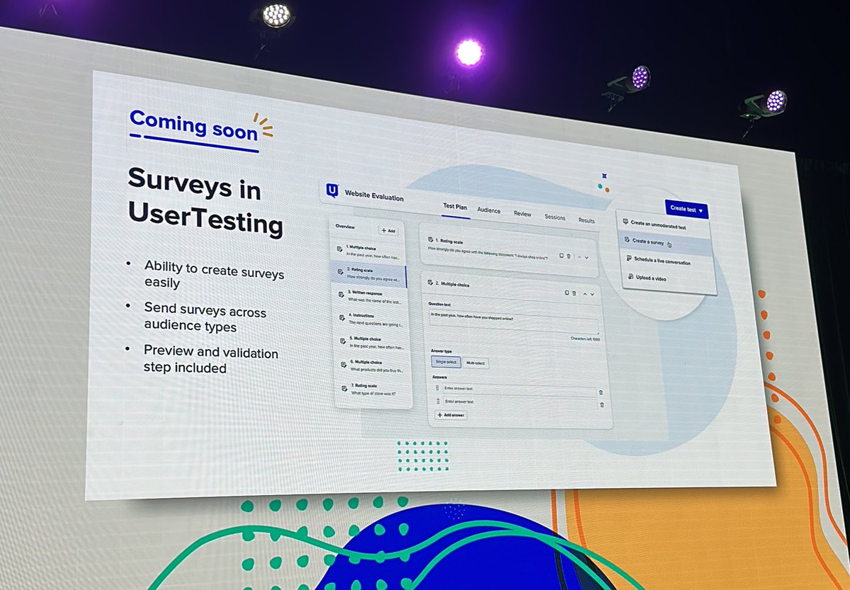 lizkmiller's tweet photo. Coming soon from @usertesting  (and this got a BIG cheer from
The #THiS23 audience) integrated and native surveys. Will not require voice or video but can tap into the strength of UserZoom and UserTesting networks and panels. #UX #CX https://t.co/30fv1WQNwL
