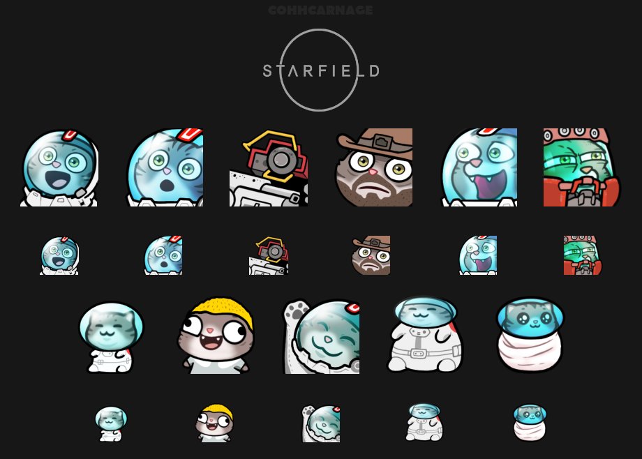 The Starfield themed emotes i drew for <a href="/CohhCarnage/">Cohh Carnage</a>, have fun in space and dont get lost 🚀(there is also a little surprise for when Cohh has to nom nom)