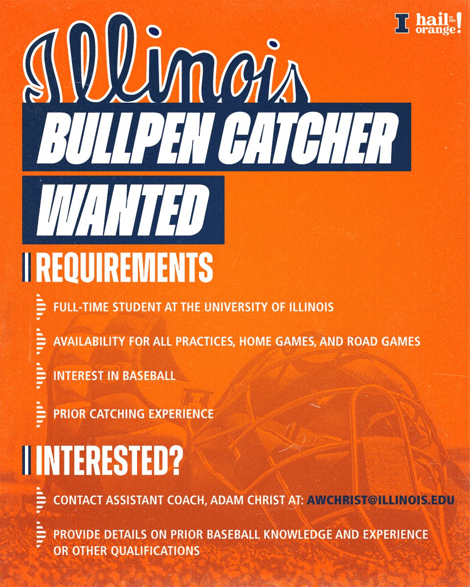 IlliniBaseball's tweet photo. Hey you! Yeah, you! Wanna be a part of the baseball team?

We're looking for a bullpen catcher!

#Illini | #HTTO https://t.co/yQzCJsPJib
