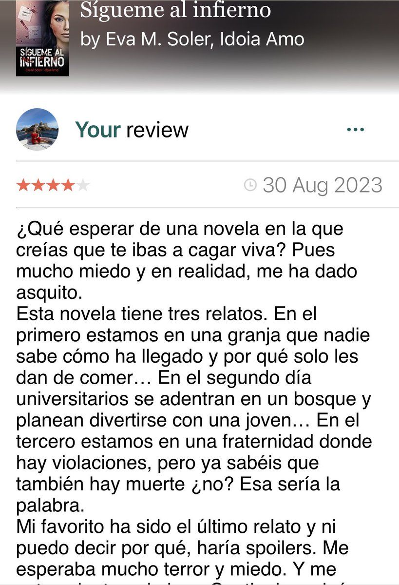 <a href="/libertyeagle20/">Sandra Moya</a> <a href="/HGreemwood/">Hermanas Greemwood</a> <a href="/Irene_Romo_/">Irene Romo</a> <a href="/anissabdamom/">Anissa B. Damom</a> <a href="/sarahvalentinex/">Sarah Valentine</a> <a href="/VeronicaMengual/">Verónica.</a> <a href="/DaisyScarlett/">Scarlett Butler</a> <a href="/NataliaaBroown/">Natalia Brown✨</a> <a href="/angelafrancoq/">Ángela Franco</a> <a href="/MercheDiolch/">Merche Diolch</a> <a href="/edicioneskiwi/">Ediciones Kiwi</a> <a href="/librosylit/">Libros y Literatura</a> <a href="/calderon_autora/">Cristinacalderon_escritora</a> <a href="/colecmilamores/">Colección mil amores</a> <a href="/AlfaguaraES/">Alfaguara</a> @lalibretadenani <a href="/Viajandoaotrosm/">Toñi Fernández</a> <a href="/coliseodroma/">Roma</a> <a href="/CristinFerro23/">Cristin Ferro</a> <a href="/smalcaine/">S. M. Alcaine</a> <a href="/VictoriaVilc/">Victoria Vílchez</a> <a href="/Titania_ed/">Titania</a> Mi centésima séptima lectura ha sido: Sígueme al infierno de <a href="/PoisonPerse/">Eva M. Soler</a> <a href="/ieautoras/">Eva & Idoia</a>