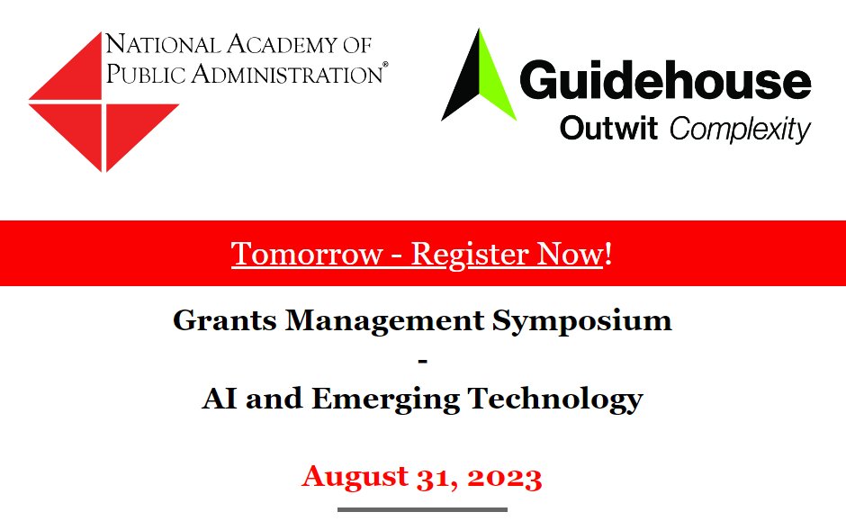 Tomorrow, join <a href="/napawash/">NAPA</a> and <a href="/Guidehouse/">Guidehouse</a> for a Grants Management Symposium on the impacts of #AI and emerging technology on #grants management!

#Learn more and register here: conta.cc/3KYiuOI