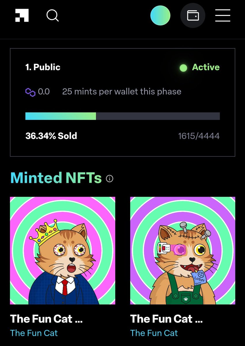 TheFunCat's tweet image. Thank you for your appreciation and support, there are already 36,34% who already have this cute cat collection, 🙏🙏🙏🙏😺😺😺😺.

Supply: 4444 (0.00 $MATIC) 

Mint on 👉 launchmynft.io/collections/0x…

#NFTCommunity #onPolygon #PolygonCommunity #NFT #mint #LaunchMyNFT #TheFunCat