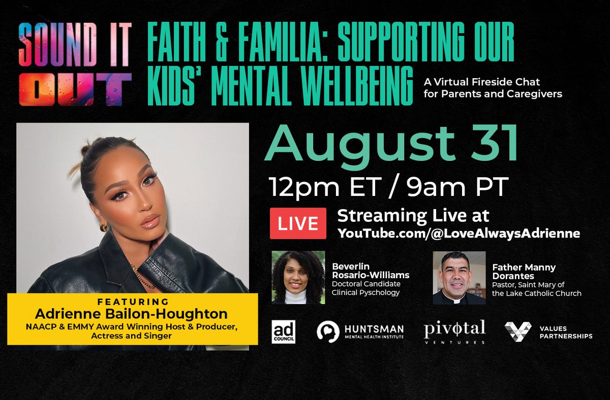 We're partnering with <a href="/AdrienneBailon/">Adrienne Eliza Houghton</a> for "Faith &amp; Familia: Supporting Our Kids’ Mental Wellbeing" a virtual conversation for parents &amp; caregivers. Join us as we explore how to support our children's emotional wellbeing. Tune in on August 31st at 12pm ET / 9am PT!