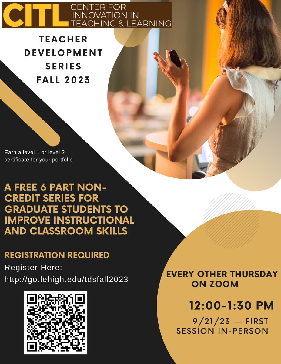 LehighLTS's tweet photo. A partnership between the GLO and CITL, the Teacher Development Series is a free, non-credit series specifically for graduate students to develop classroom and instructional skills. Learn more and register at https://t.co/VPsSj8NPME https://t.co/SLqMgYuuV0