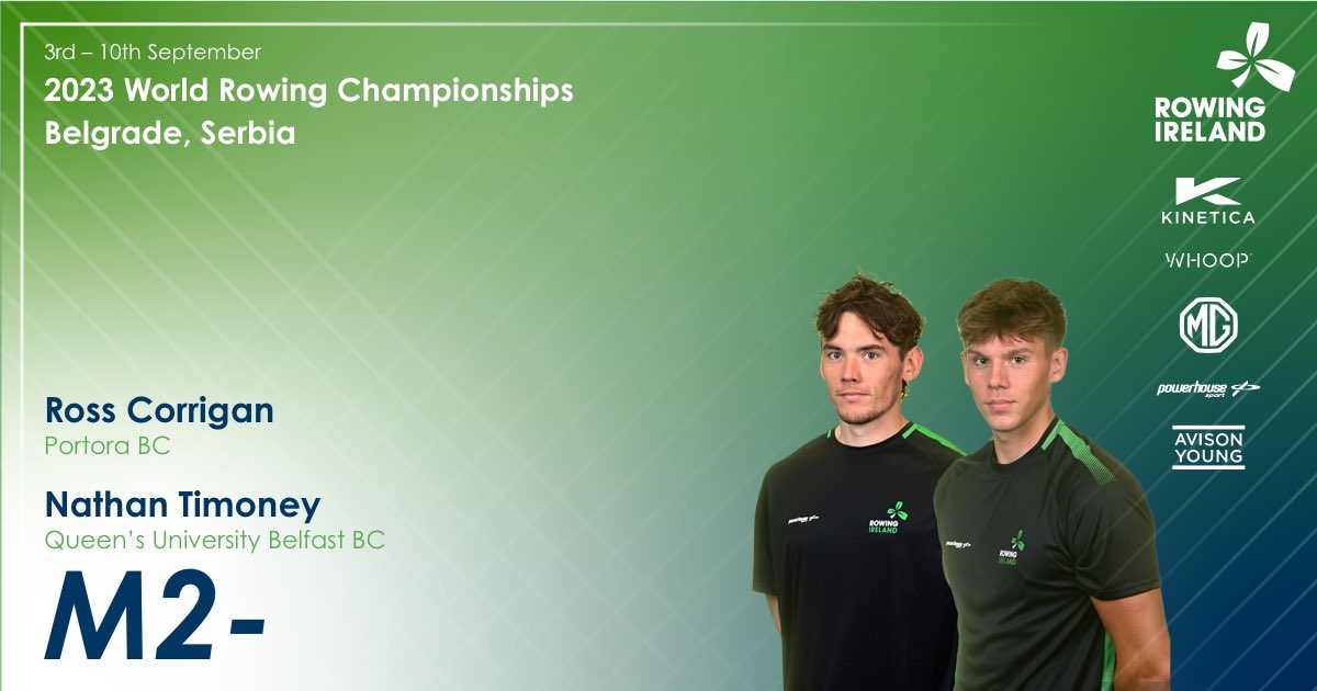 RowingIreland's tweet photo. ☘️Introducing our Crews☘️

Nathan Timoney and Ross Corrigan are racing at the 2023 World Rowing Championships in the Men’s Pair!

#greenblades #wearerowingireland https://t.co/UjXpUbp1Cs