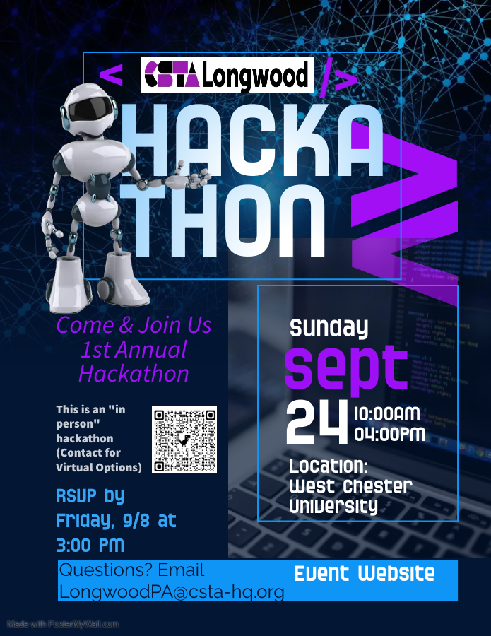 Join us for our first annual hackathon for high school and college students on 9/24 10am-4pm at <a href="/WCUofPA/">West Chester University</a>!  RSVP by Friday 9/8 at 3pm using the QR code below.  Contact us with questions, and hope to see you there!  More info: burnsrichard.github.io/HackWCU_CSTALo… <a href="/BillJr99/">Bill Mongan</a> <a href="/ShrakeTechnolo1/">Shrake Technology</a>