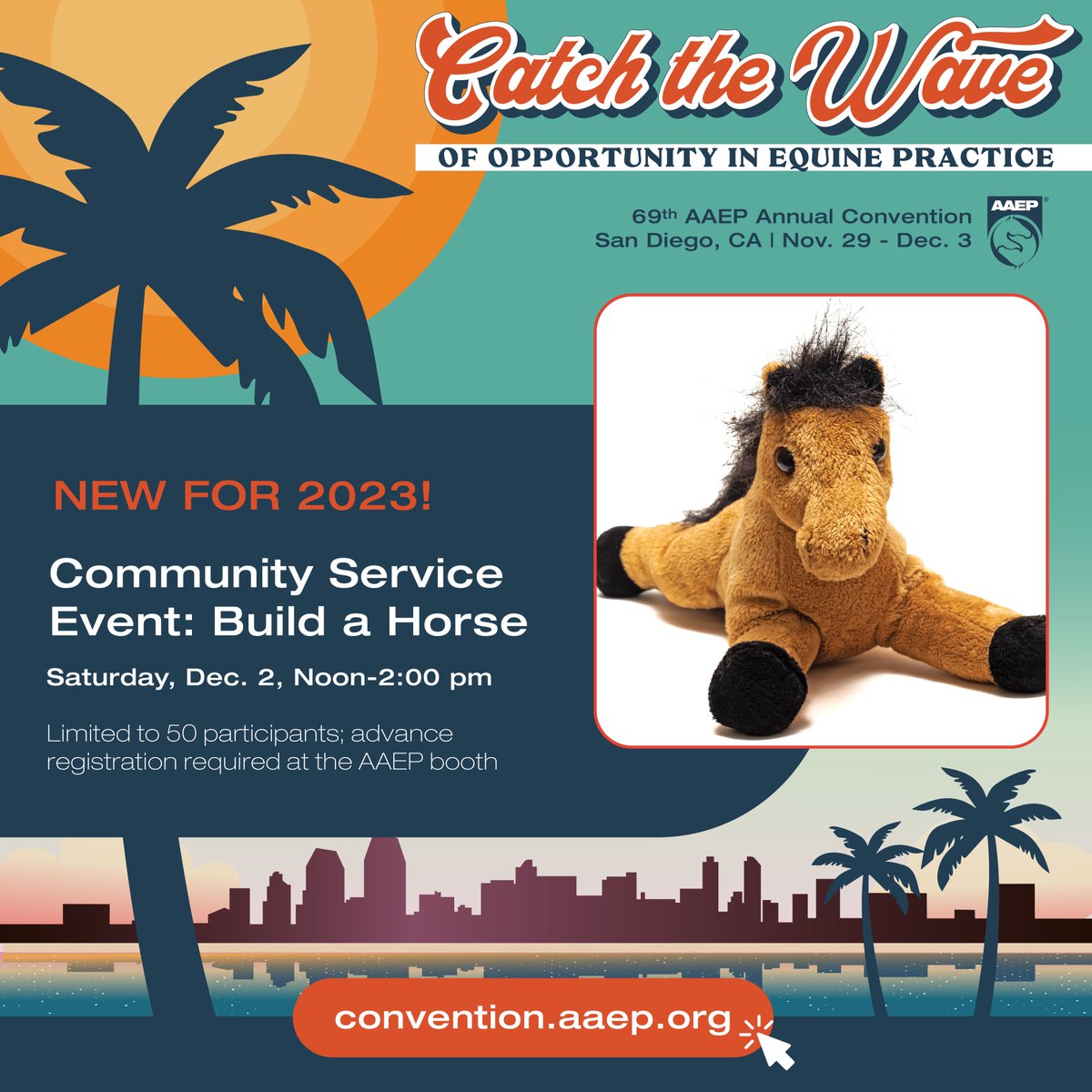 #AAEPSanDiego is more than just world-class CE! Make an impact on your greater community by participating in the all-new Build a Horse community service event and help us create a horsey pick-me-up for children in high-stress situations. FMI: convention.aaep.org/receptions-and…