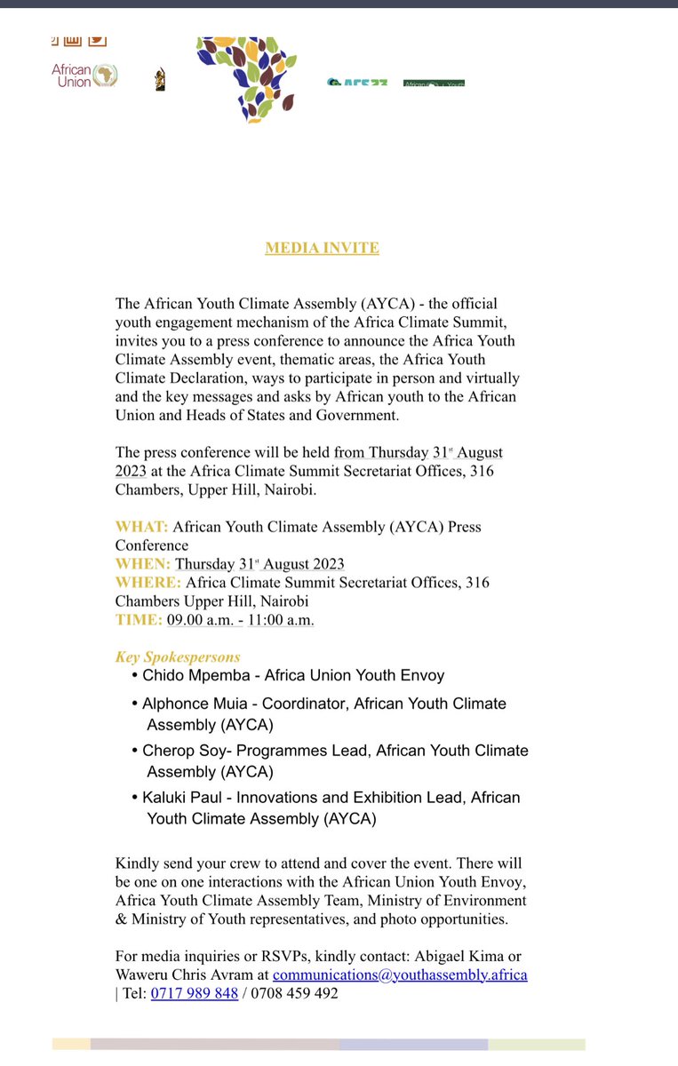 Media Invite : Please provide coverage for the African Youth Climate Assembly Press Briefing on 31st August 2023 ahead of the Assembly and @africaclimatesummit 

#ACS23 #AYCAssembly2023