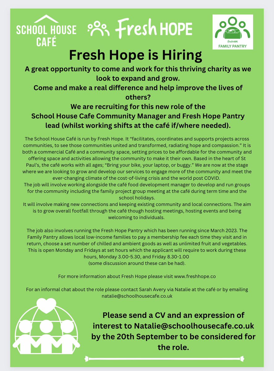 We are hiring. Community manager. This is a great opportunity to work for Fresh Hope. Follow this link to know more and get in touch for more information. schoolhousecafe.co.uk/jobs/ <a href="/GlosDioc/">The Diocese of Gloucester</a> <a href="/stpaulschelt/">stpaulschelt</a>