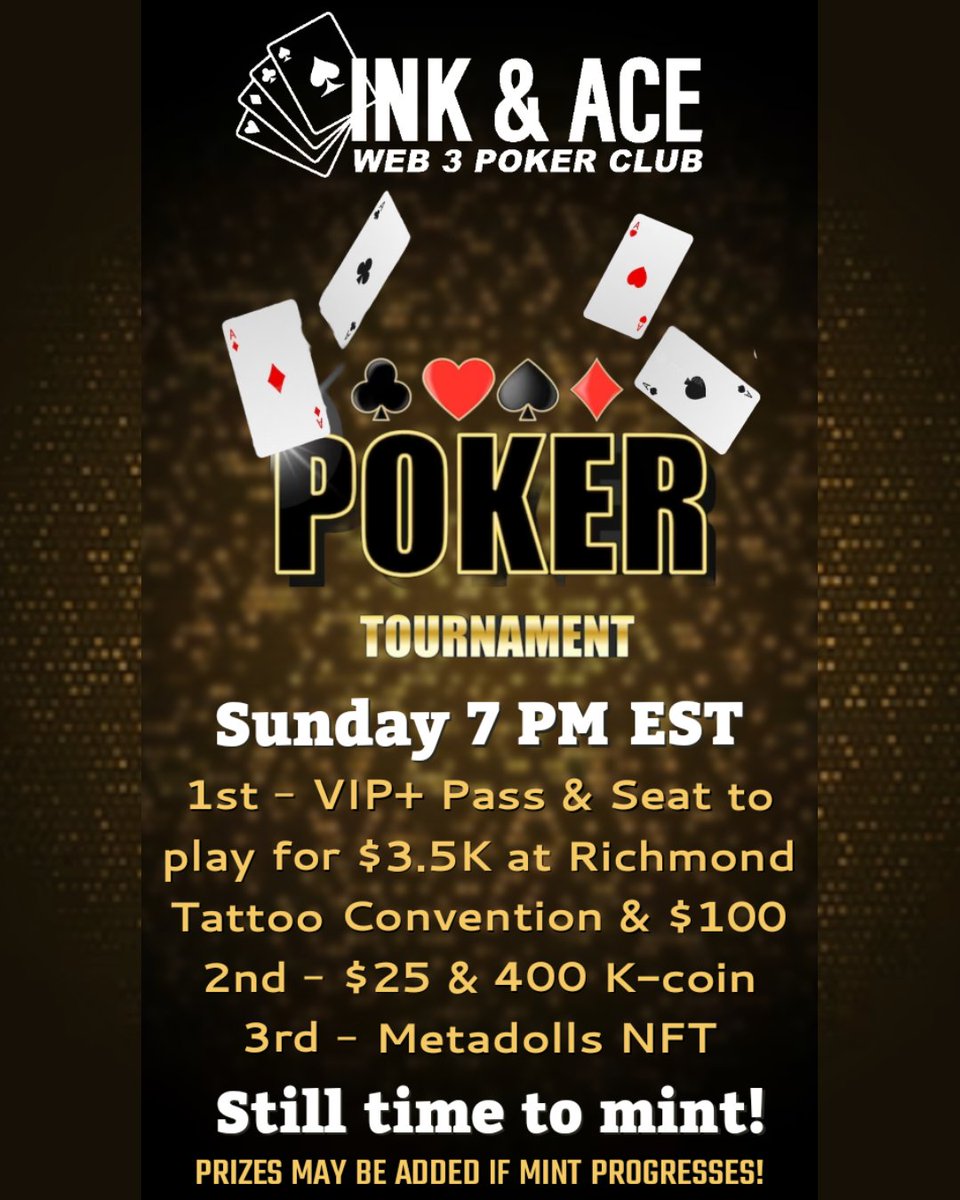ApeChainistas's tweet photo. 🃏 Join our exclusive Holder Only Tourney! Sunday at 7 PM EST! 

♠️ Over $400 in prizes! With one of the last seats to play for $3.5K at the @RichmondTat2Con. 🤑

♦️ Do you have the #poker skills? Or are you bluffing? 🤔 

You got to mint it to 🏆 it! 
#ALLIN #AcesUp https://t.co/H1piUlumOw
