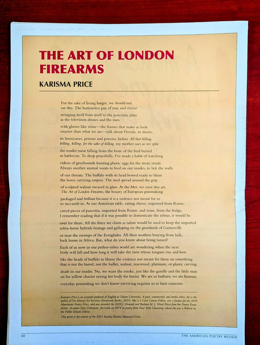 TW: gun violence My poem, 'The Art of London Firearms,' which won the 2023 Stanley Kunitz Prize from @AmPoetryReview. We need better gun control.