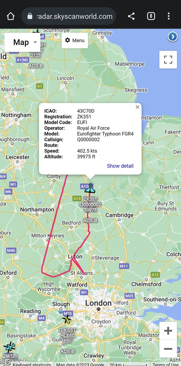 scan_sky's tweet photo. #Q0000002 Departed From RAF Coningsby 🇬🇧 & Routed South. Turned Over Just North Of Watford & Now Heading North Again. https://t.co/gSSkj8ncep
