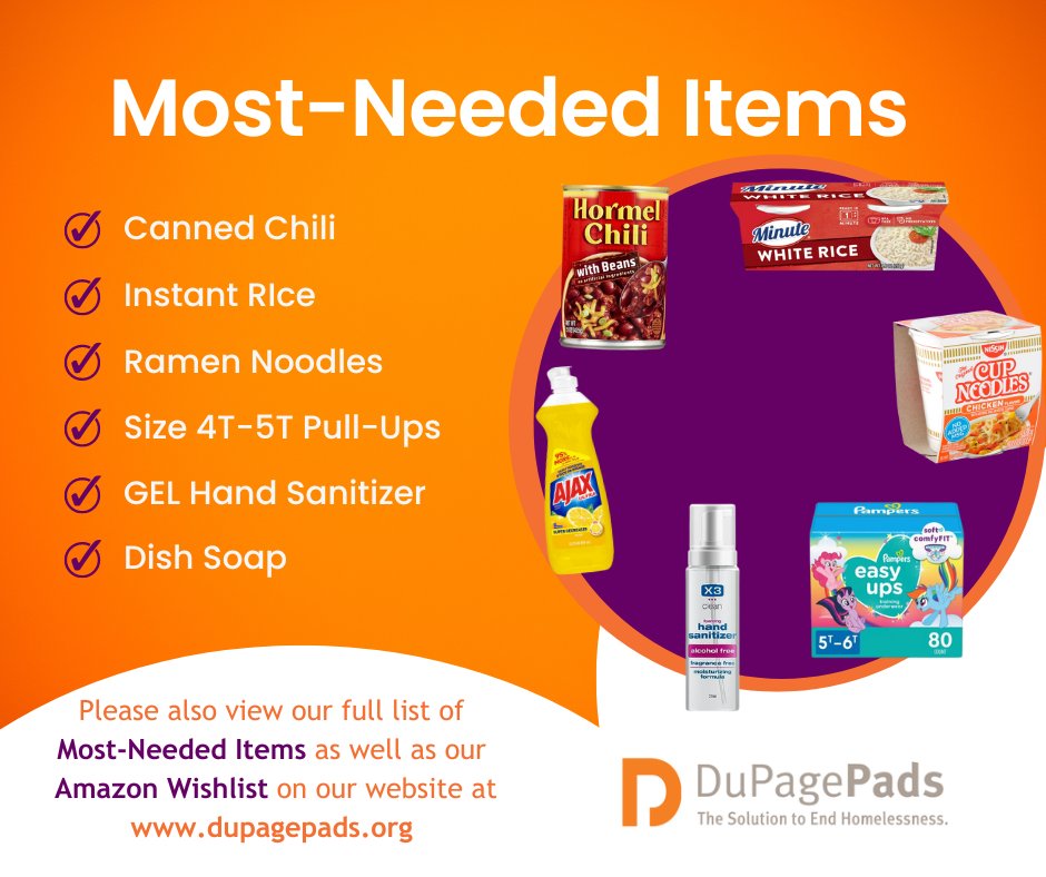 We are reaching out to our outstanding community on #WishlistWednesday to ask for some of our most-needed items. We are completely out some shelf stable food, as well as size 4T-5T pull-ups. Order directly from our Amazon Wishlist! bit.ly/DuPagePadsWish…