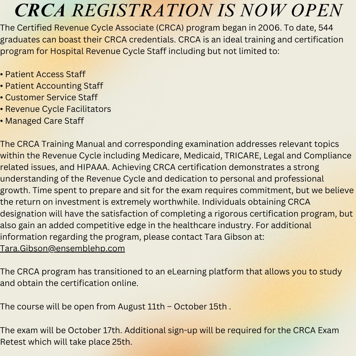 CRCA registration is open! Click the link below to register.

Important Dates to Remember:
The course is open August 11, 2023 to October 15, 2023
Testing Date is October 17, 2023

Here is the link for registration:
lnkd.in/ew4ttDRv