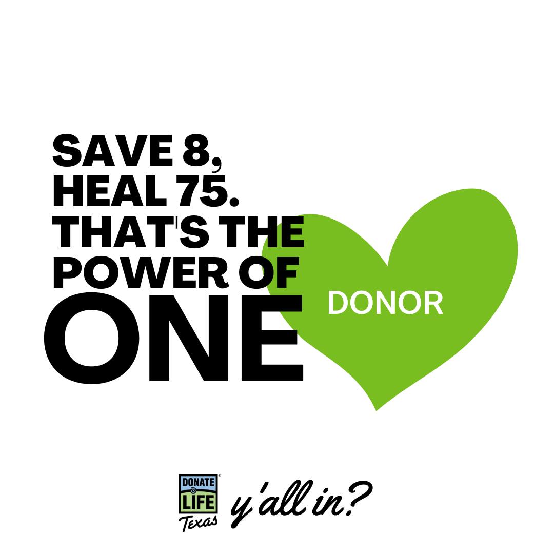 Fact: organ and tissue donors have a heart the size of Texas! 

Register to #donatelife at donatelifetexas.org. 💙💚

<a href="/donatelifetexas/">Donate Life Texas</a>