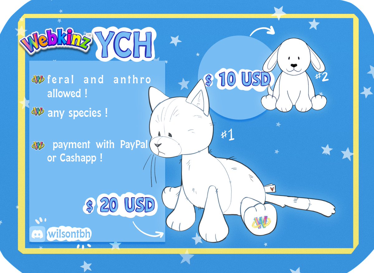 ⭐️ WEBKINZ YCH OPEN!! 

you can DM here, or reach me on my discord [wilsontbh] ! 

any character, and no slots atm. please let me know if your interested, let’s bring them to the kinz world! 💖