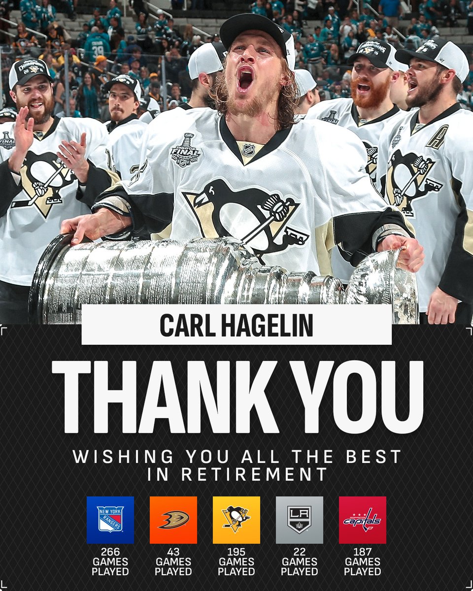 NHL's tweet photo. Two-time #StanleyCup champion @CarlHagelin has announced his retirement. 🏆🏆 

We wish you the best as you embark on your next chapter! https://t.co/OeoJuRM3bX