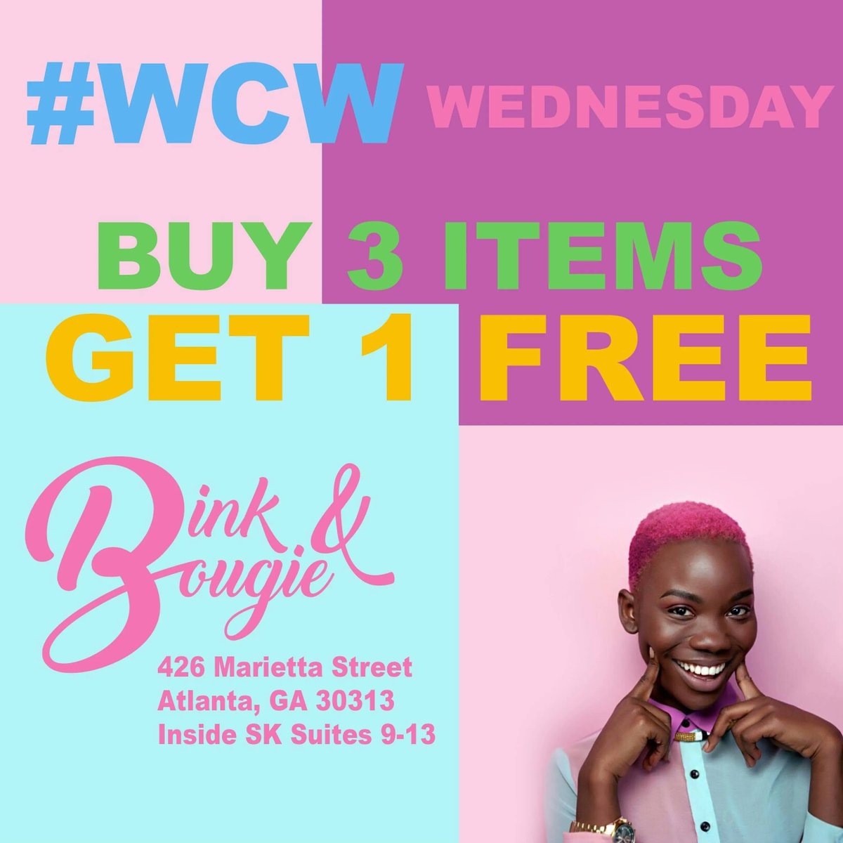 Unleash your inner fashionista this WCW Wednesday! 💃🛍️ Our Chattahoochee location presents an irresistible deal: Elevate your style game with Buy 3, Get 1 Free on all clothes. Embrace the midweek shopping spree and turn heads with your new looks!  

#binkandbougie #atlboutique