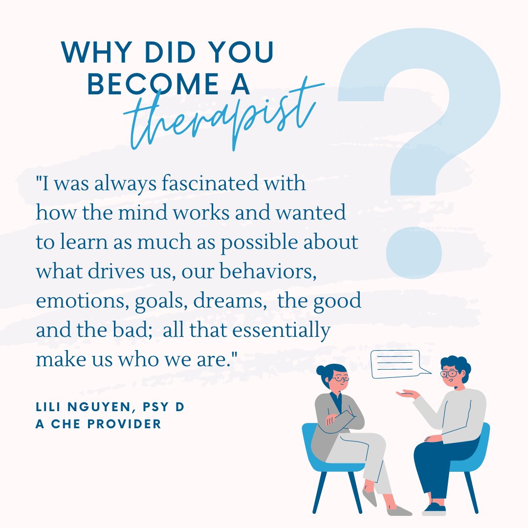 che_health's tweet photo. Why did you become a therapist? Our CHE providers share their why.
https://t.co/LxKfs2c8Px
#whybecomeatherapist #cheprovider #howthemindworks https://t.co/Nd2jcOhqfG