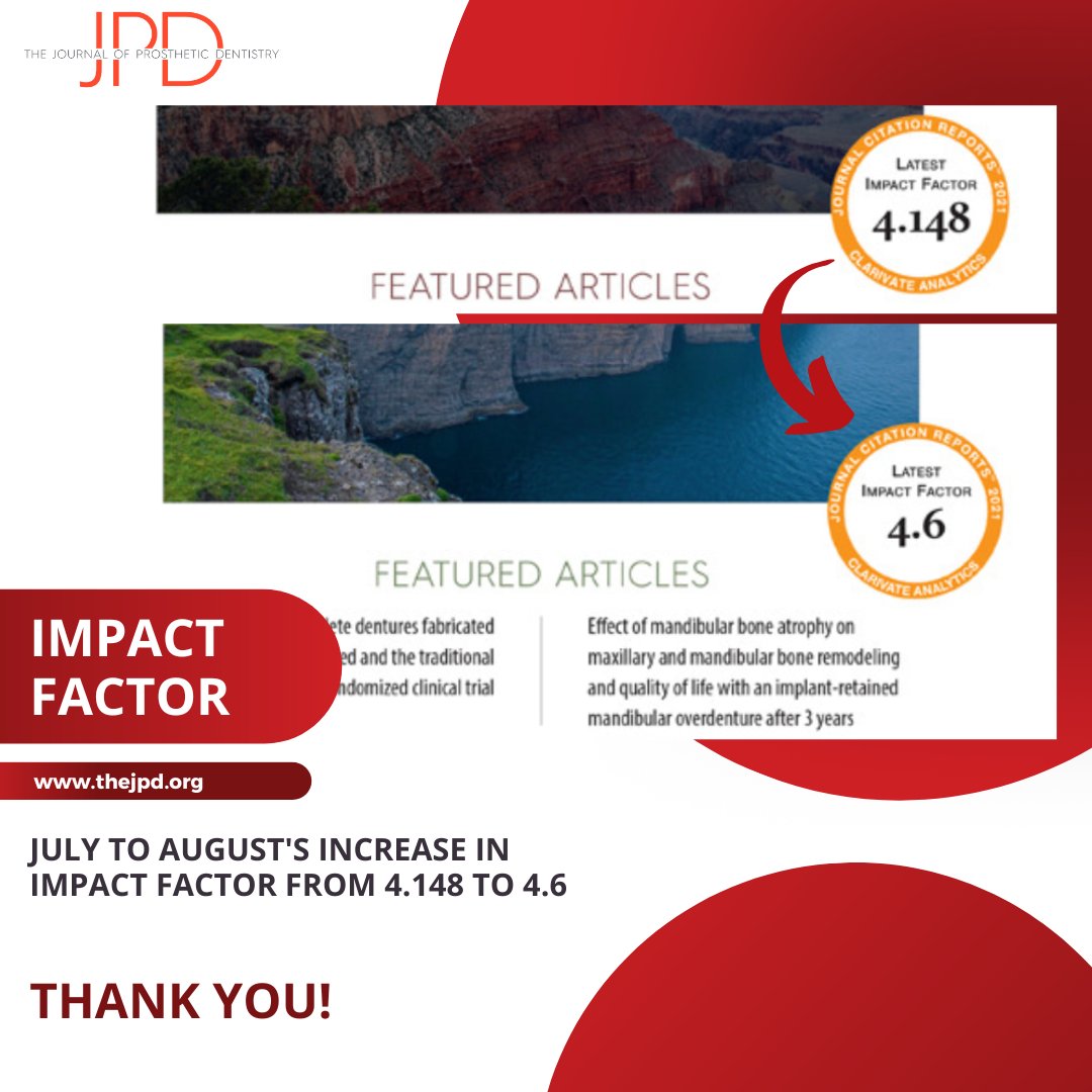 #theJPD is proud to share our latest #impactfactor from the #journalcitatiosnreport of 4.6. Thank you to our authors & readers for your continued support & knowledge sharing in #prosthodontics #restorativedentistry #dentalmaterials #implantology #maxillofacialprosthetics & more!